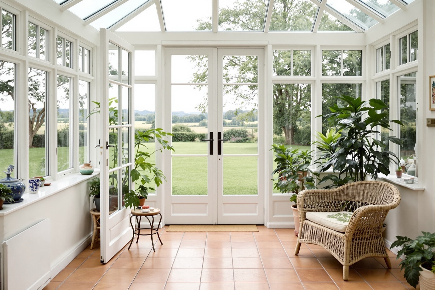 A glazed garden room looking out onto a country garden and open fields beyond