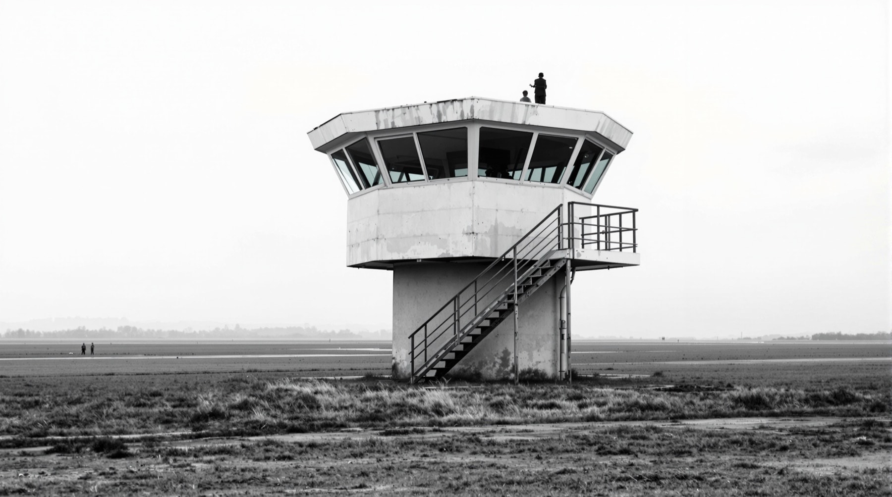 A restored Second World War airfield control tower standing alone at the edge of a grass field