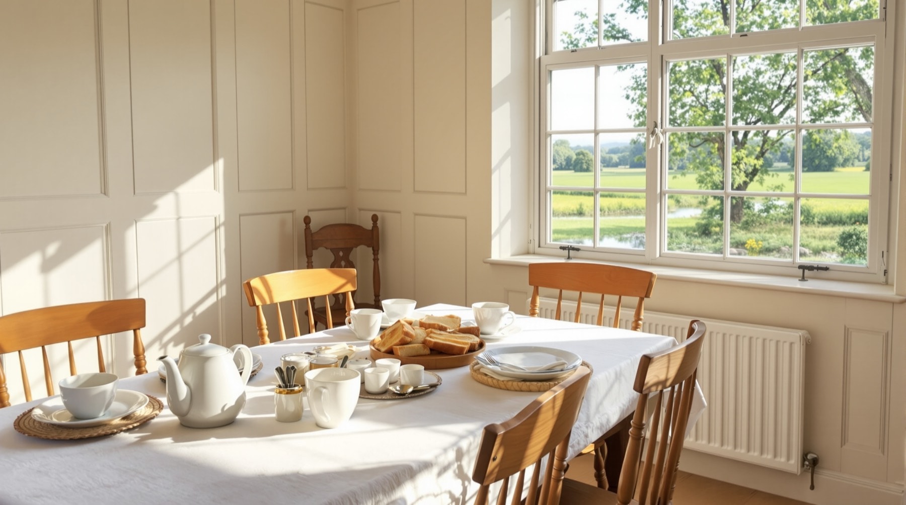 A bright country dining room with a laid table beside a window looking onto fields