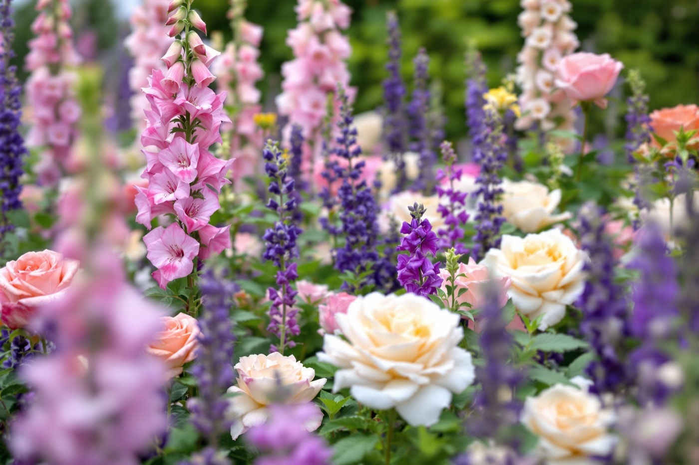 Close view of an English cottage garden border in high summer