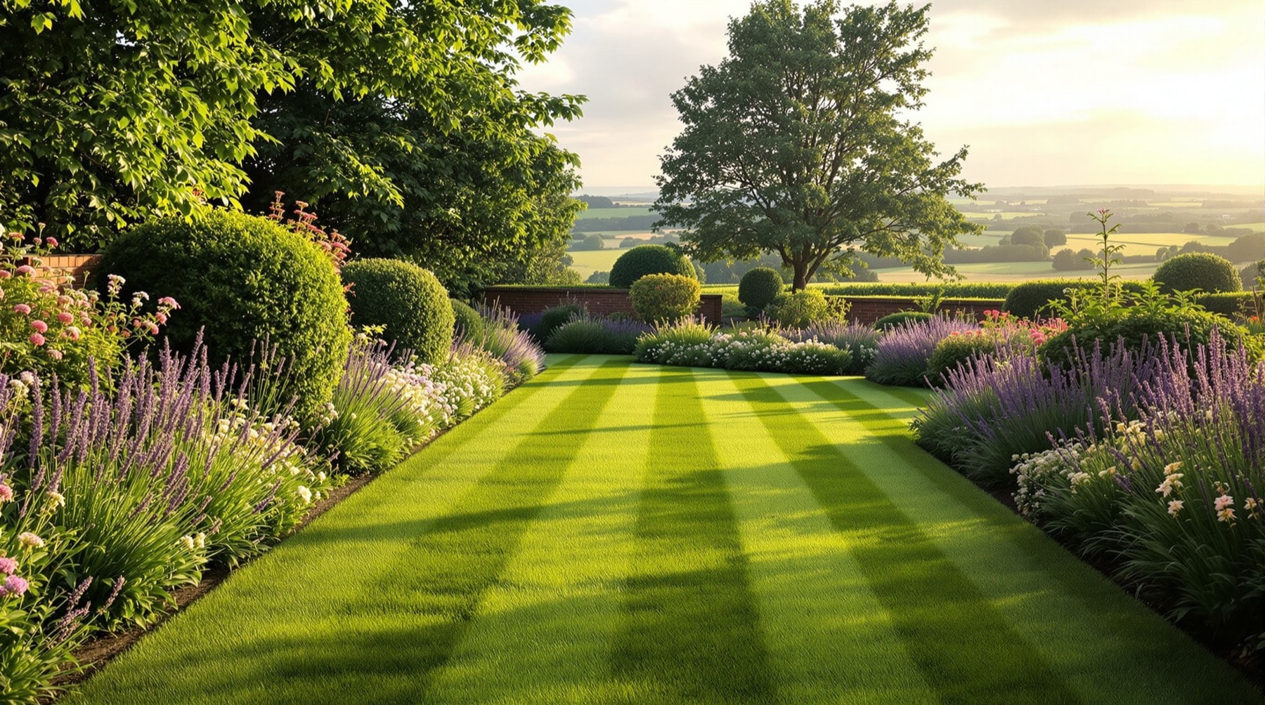 A quiet English country garden with lawn, borders and a view out over open fields