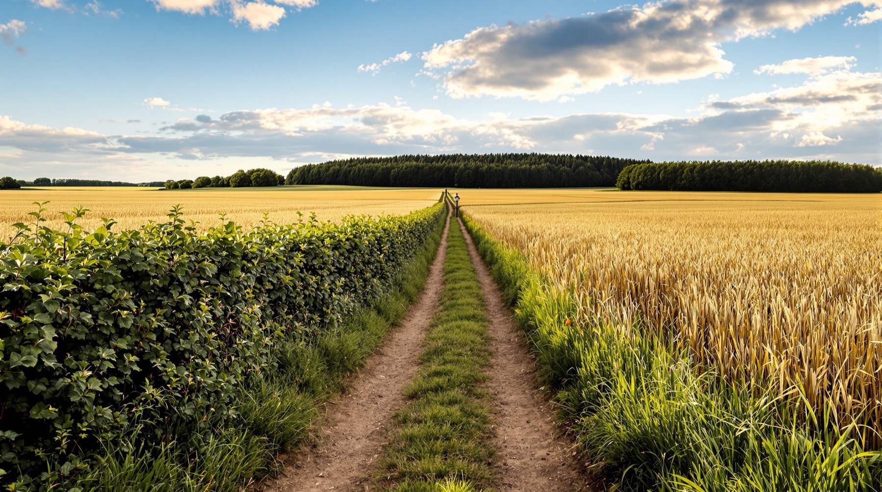 A footpath climbing between fields towards a wood on the skyline