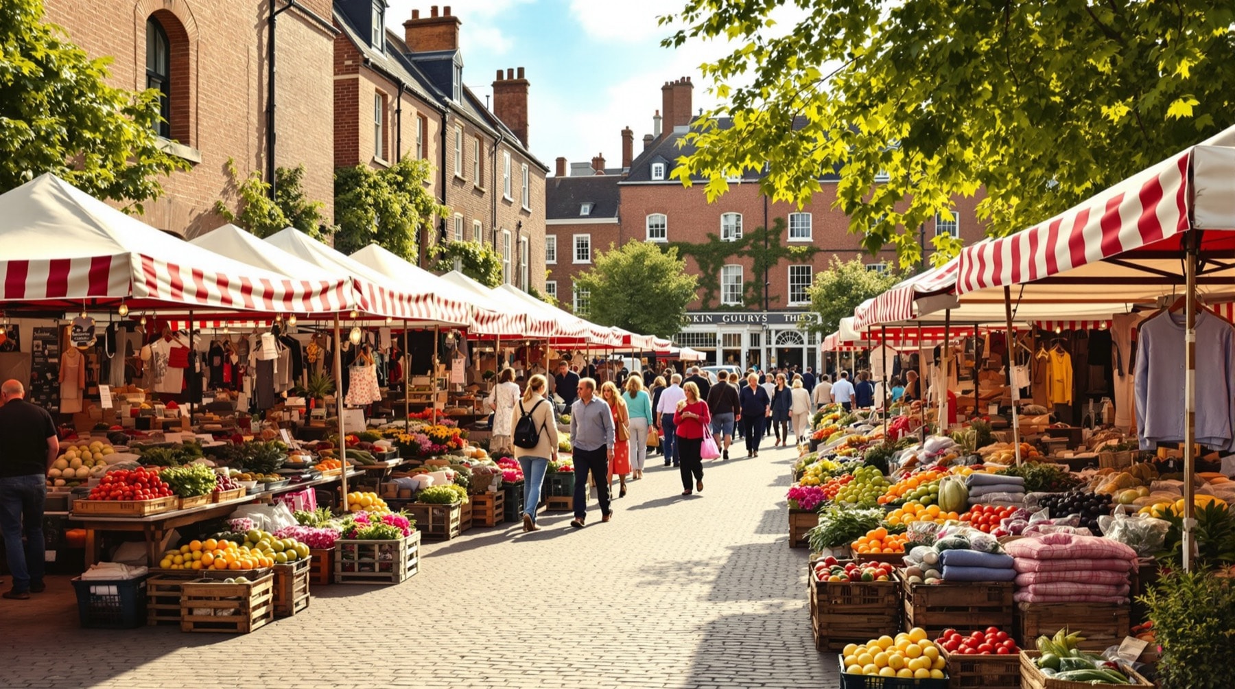 An English town market with striped canvas stalls and produce on a bright morning