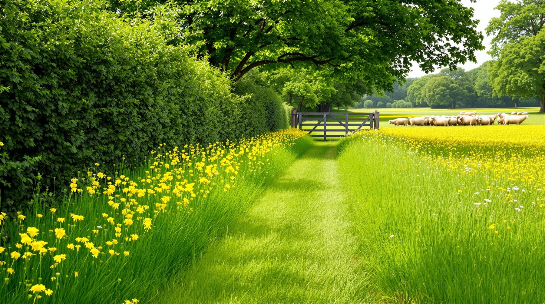A grassy meadow path beside a hedgerow with sheep grazing in the next field