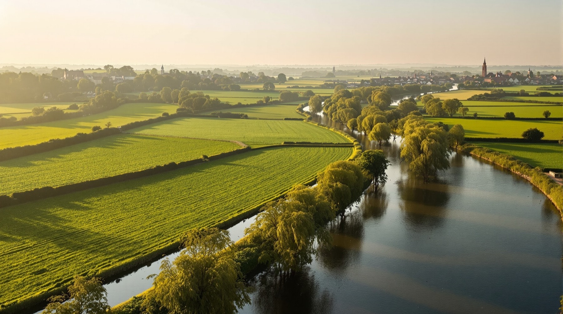 Wide view across the Great Ouse valley with river meadows and distant villages