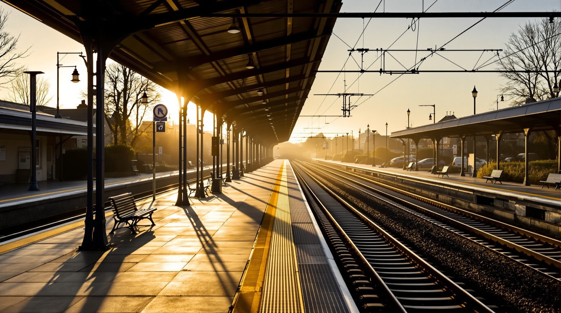 An empty railway platform at an English town station in early morning light