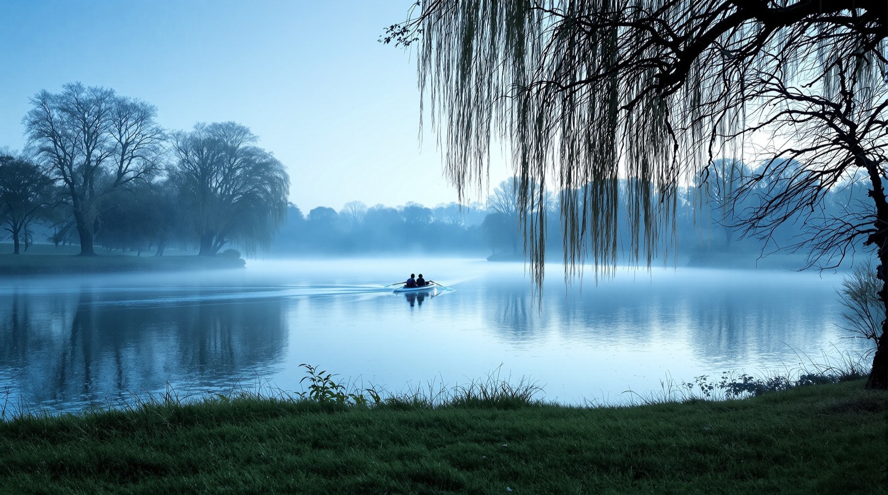 A calm tree-lined river with a rowing boat on the water at first light