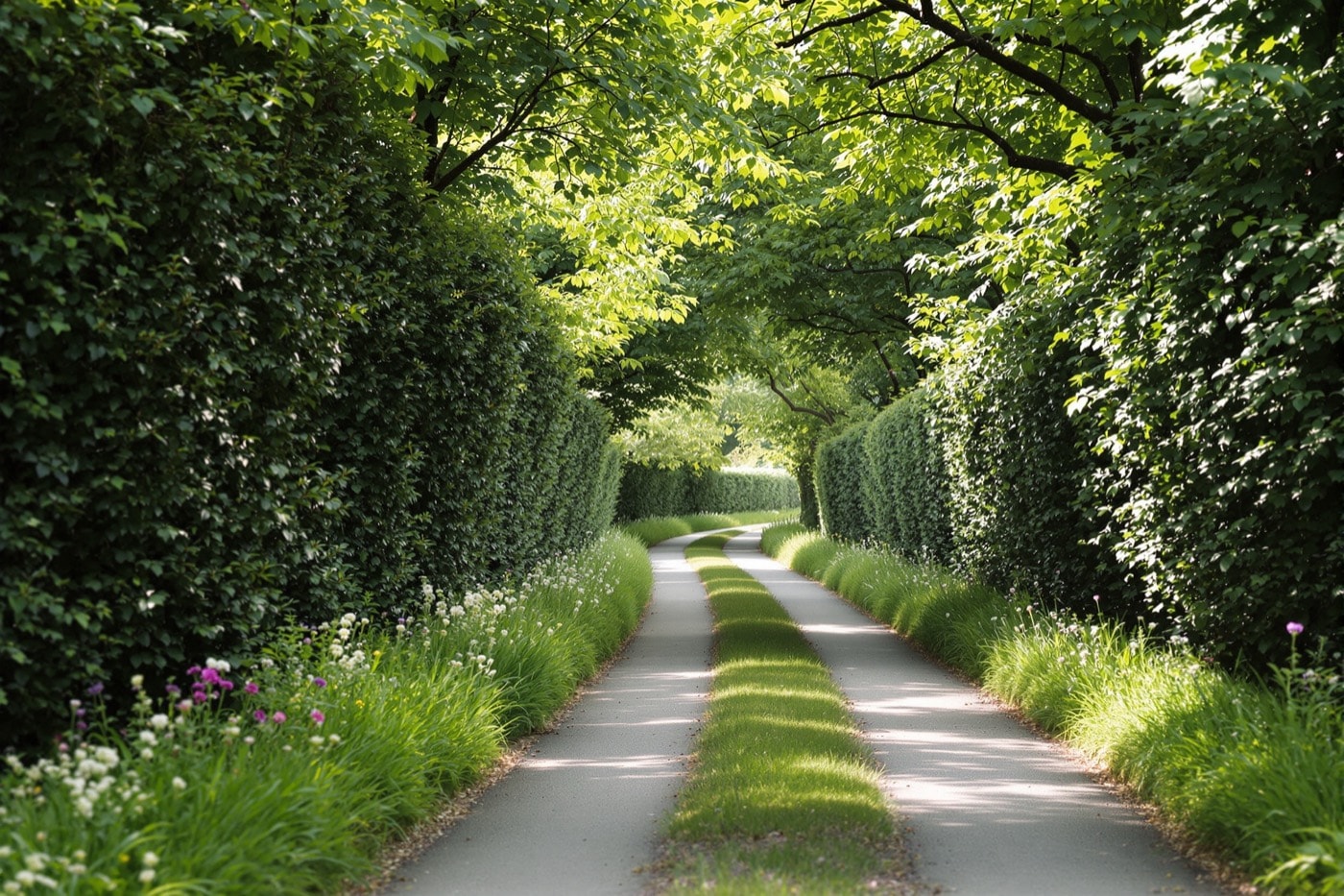 A narrow country lane between high hedgerows in the Bedfordshire countryside